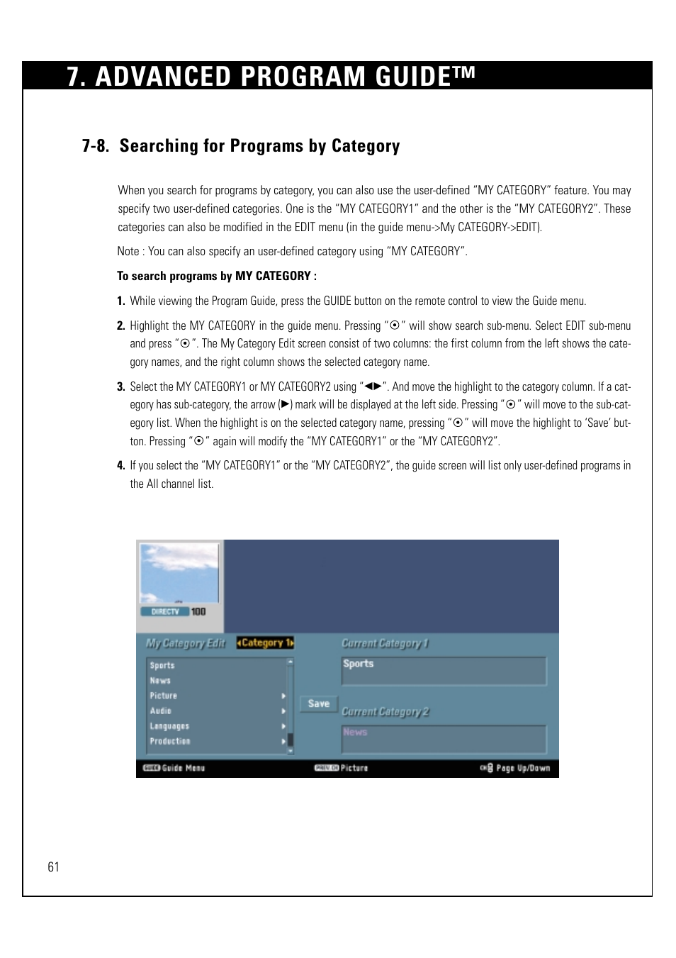 Advanced program guide, 8. searching for programs by category | LG LSS-3200A User Manual | Page 62 / 123