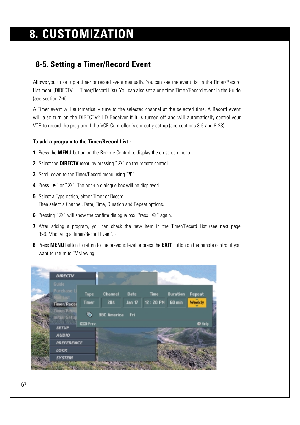 Customization, 5. setting a timer/record event | LG LSS-3200A User Manual | Page 68 / 123
