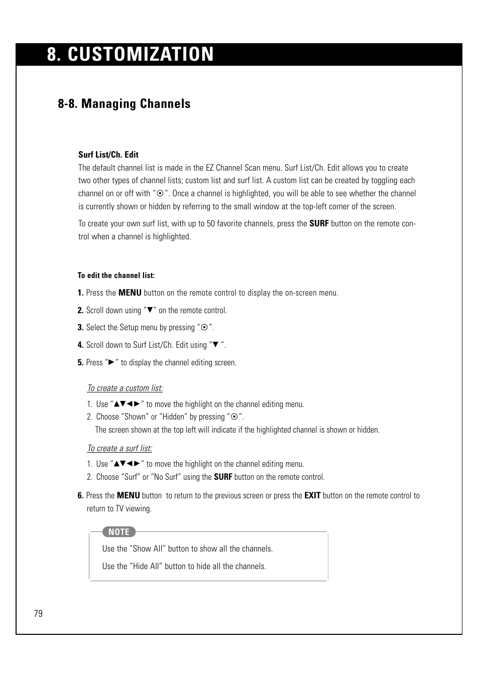 Customization, 8. managing channels | LG LSS-3200A User Manual | Page 80 / 123