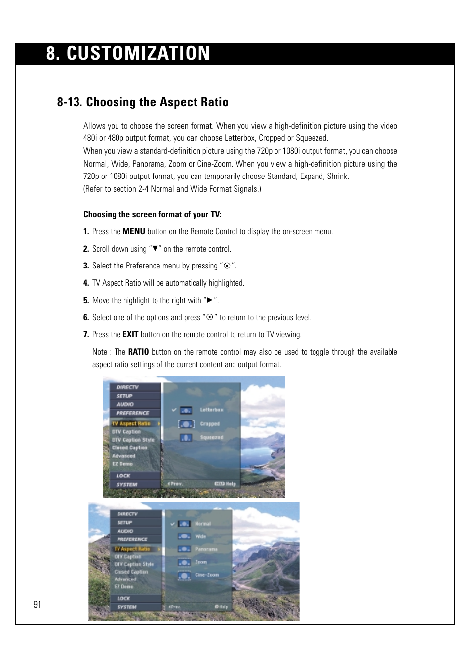 Customization, 13. choosing the aspect ratio | LG LSS-3200A User Manual | Page 92 / 123