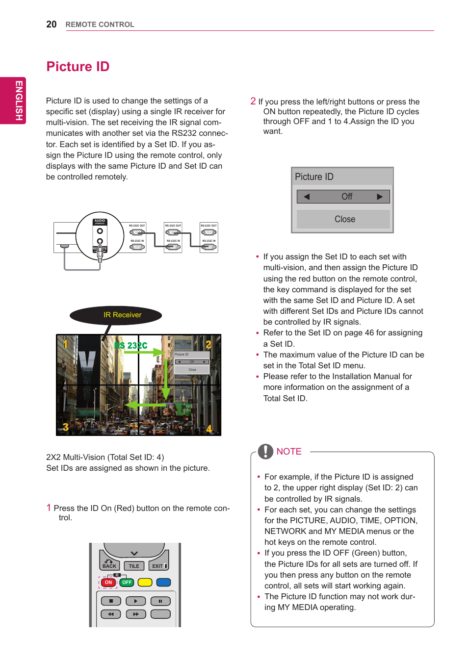 Picture id, 20 picture id, English | Close off | LG 47WV30-BAAM User Manual | Page 20 / 80