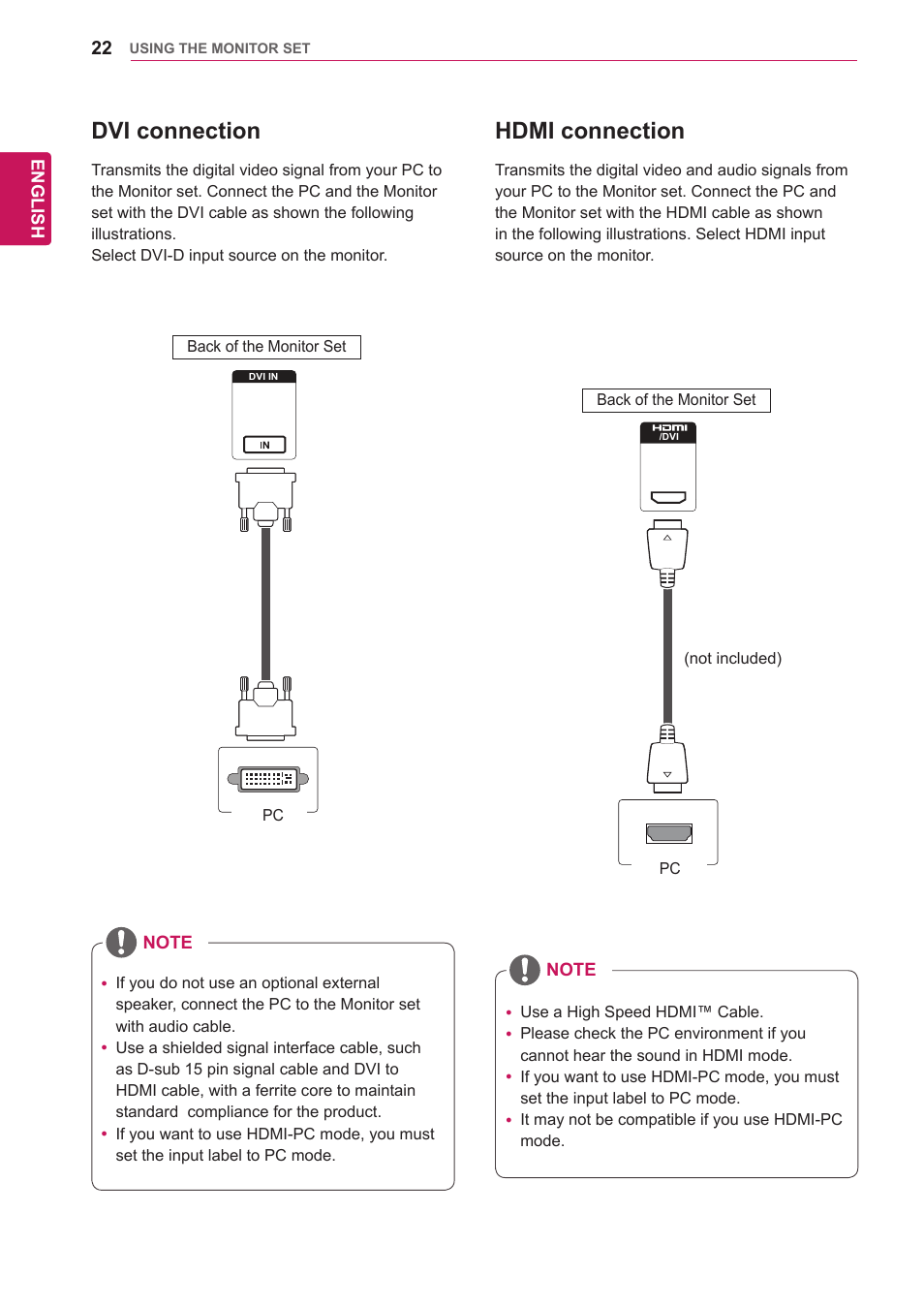 Dvi connection, Hdmi connection, English | LG 47WV30-BAAM User Manual | Page 22 / 80