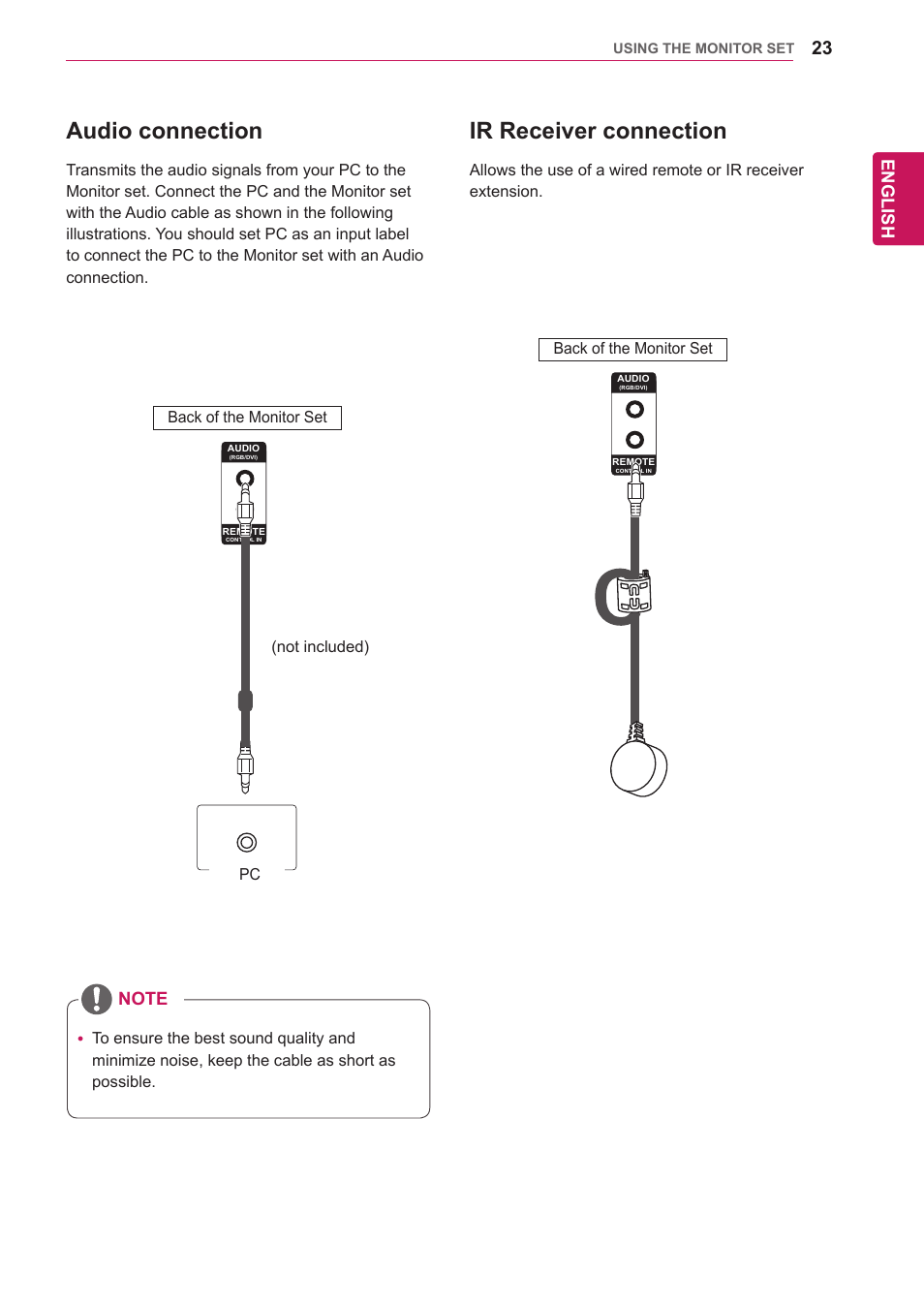 Audio connection, Ir receiver connection, English | LG 47WV30-BAAM User Manual | Page 23 / 80