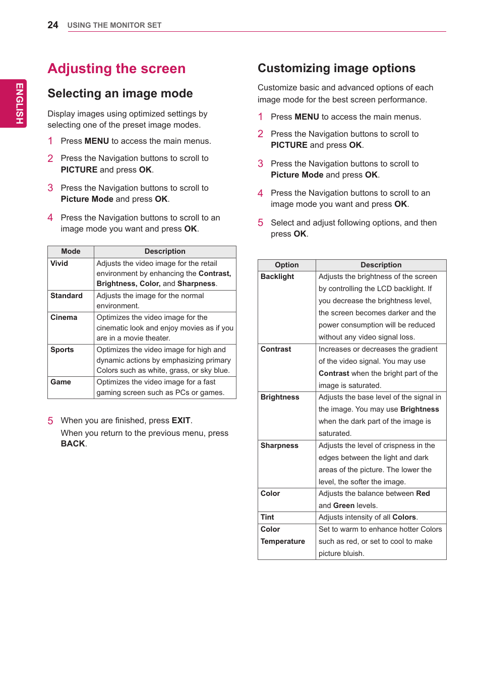 Adjusting the screen, Selecting an image mode, Customizing image options | 24 adjusting the screen 24 | LG 47WV30-BAAM User Manual | Page 24 / 80