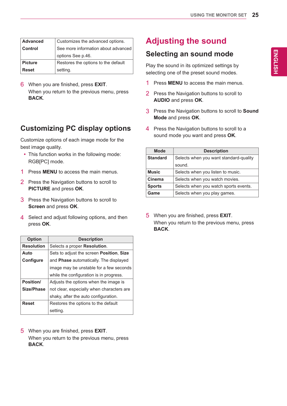 Customizing pc display options, Adjusting the sound, Selecting an sound mode | 25 adjusting the sound 25 | LG 47WV30-BAAM User Manual | Page 25 / 80