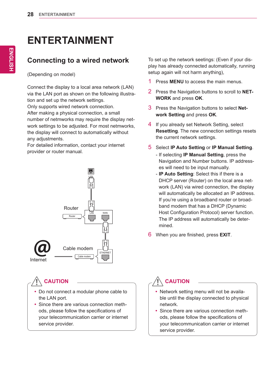 Entertainment, Connecting to a wired network | LG 47WV30-BAAM User Manual | Page 28 / 80