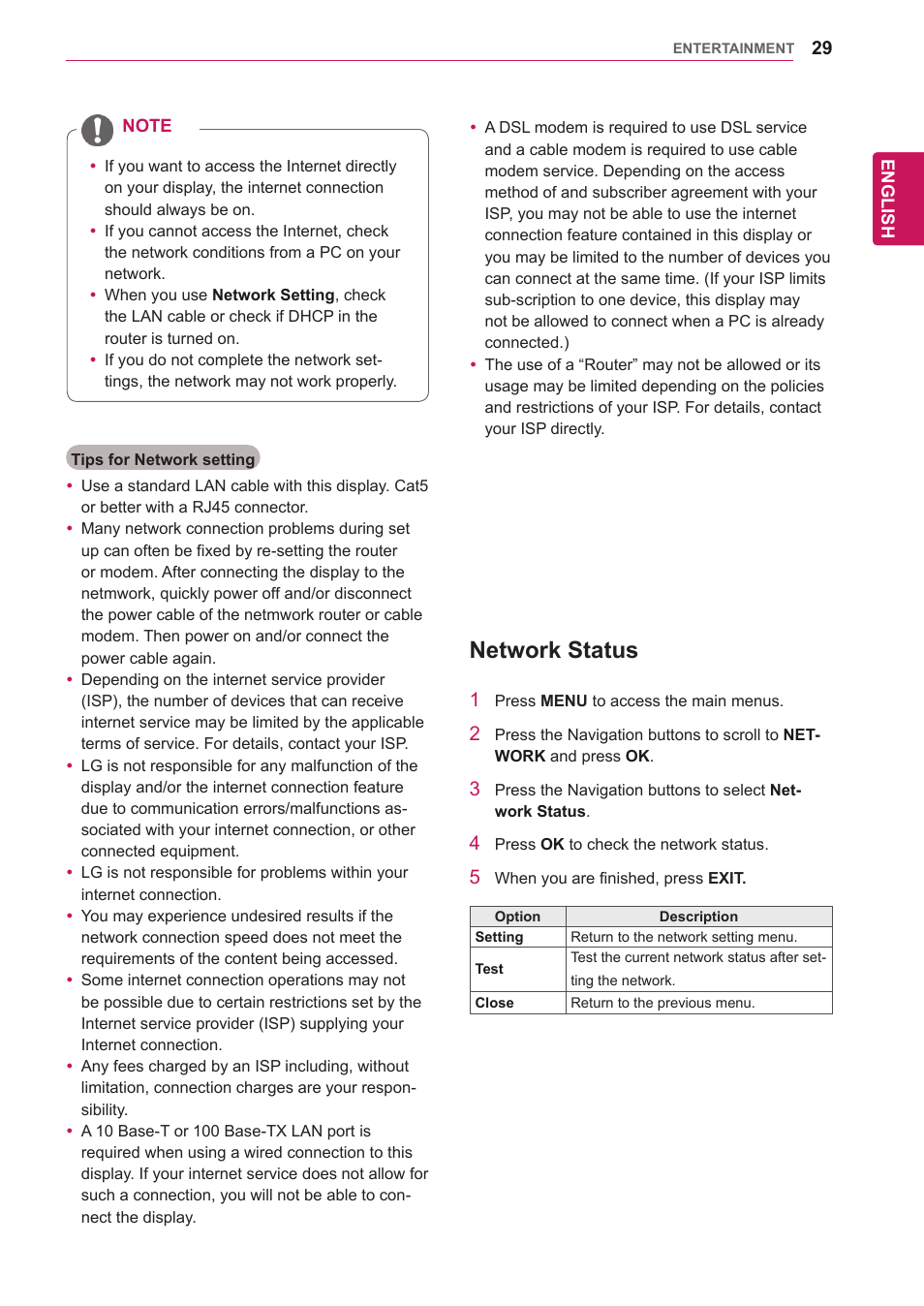 Network status | LG 47WV30-BAAM User Manual | Page 29 / 80