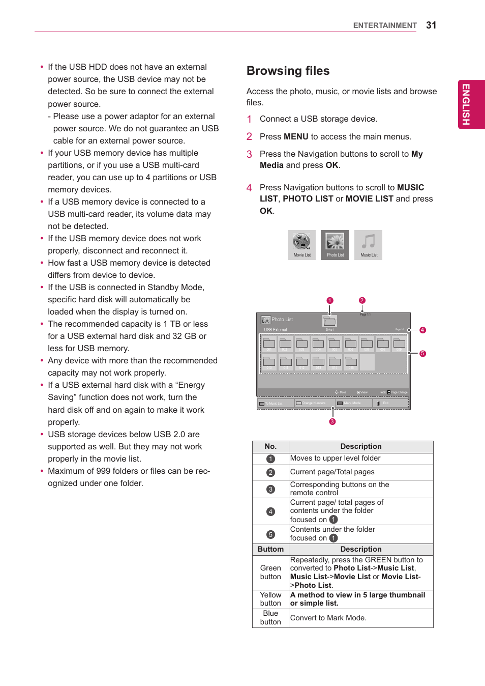 Browsing files, English | LG 47WV30-BAAM User Manual | Page 31 / 80