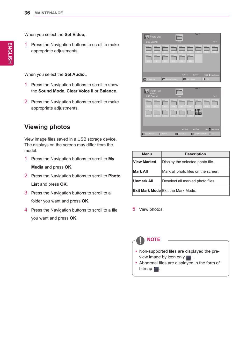 Viewing photos, English, When you select the set video | View photos | LG 47WV30-BAAM User Manual | Page 36 / 80