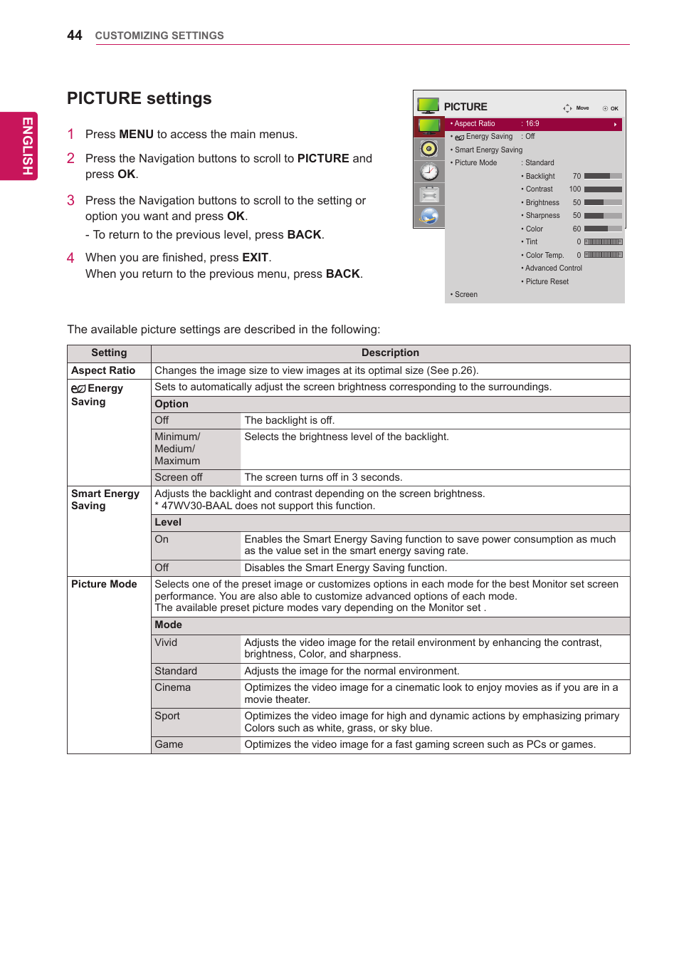 Picture settings, See p.44), English | LG 47WV30-BAAM User Manual | Page 44 / 80