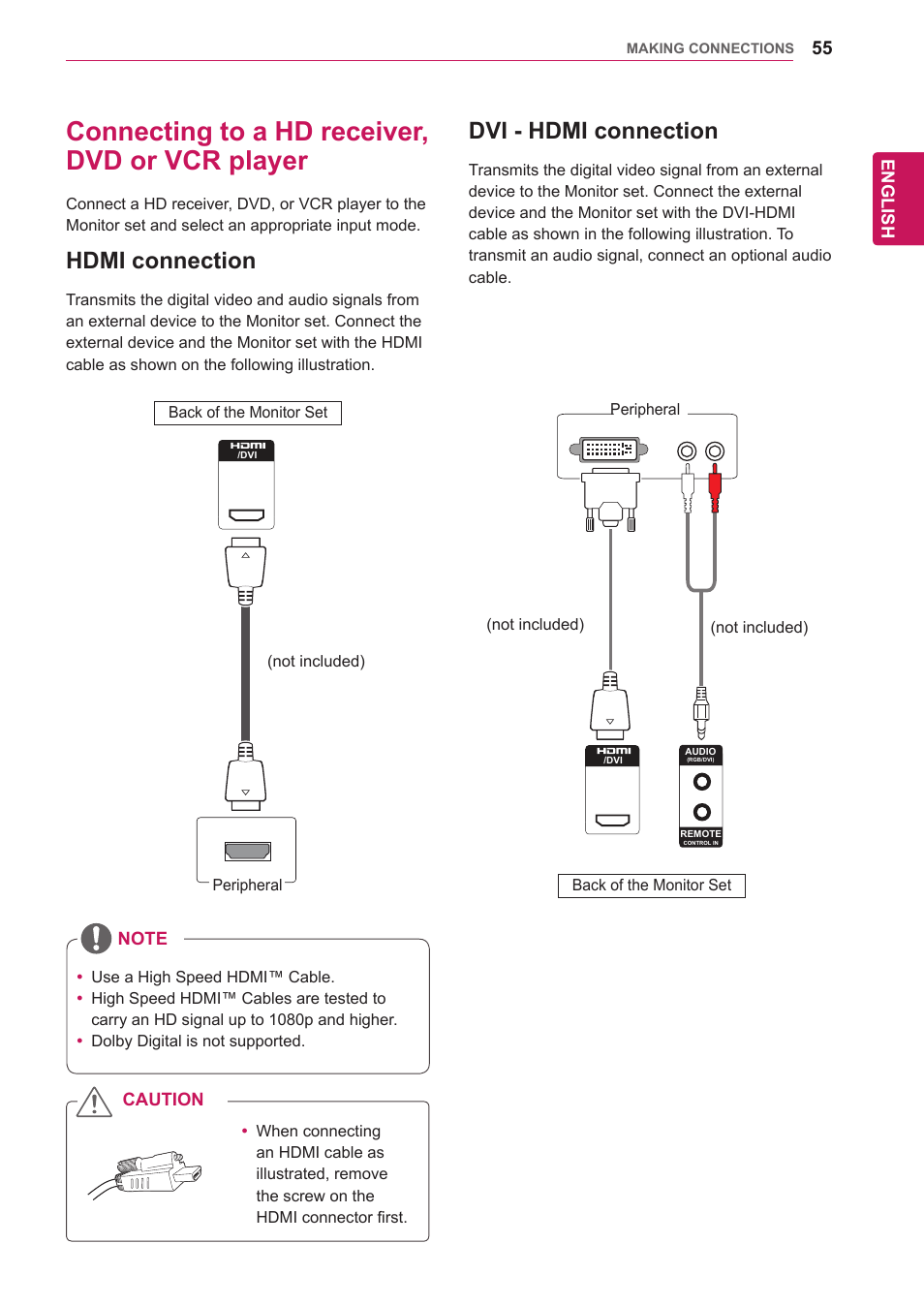 Connecting to a hd receiver, dvd or vcr player, Hdmi connection, Dvi - hdmi connection | 55 connecting to a hd receiver, dvd or, Vcr player, Hdmi - (see p.55), English, Caution | LG 47WV30-BAAM User Manual | Page 55 / 80