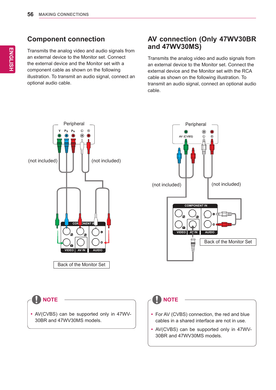 Component connection, Av connection (only 47wv30br and 47wv30ms), Av connection (only 47wv30br and | 47wv30ms), See p.56), V - (see p.56), Component - (see p.56), See p.56, English | LG 47WV30-BAAM User Manual | Page 56 / 80