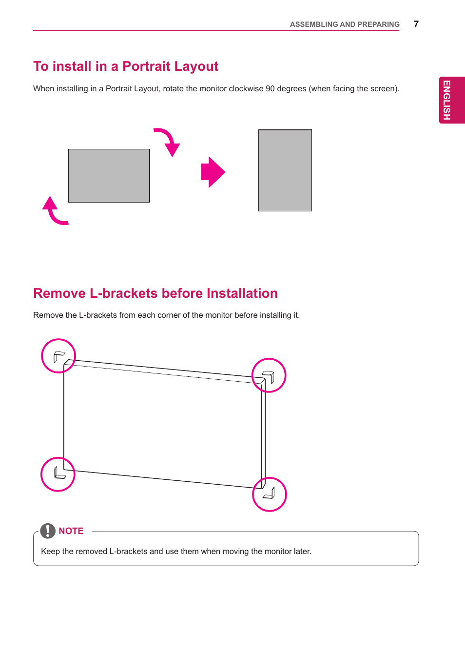 To install in a portrait layout, Remove l-brackets before installation | LG 47WV30-BAAM User Manual | Page 7 / 80