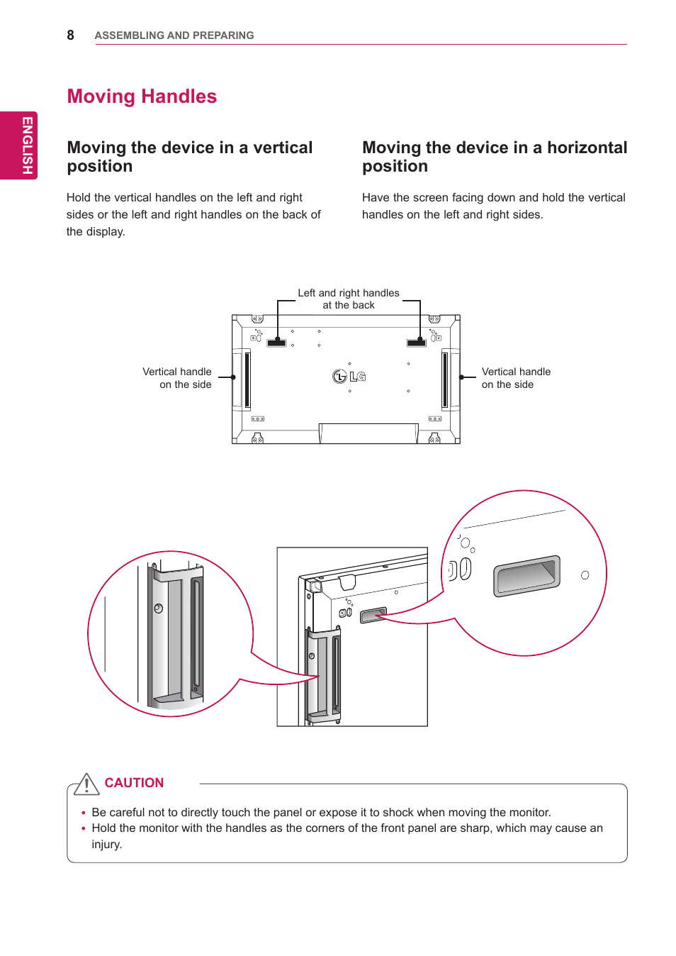 Moving handles, Moving the device in a vertical position, Moving the device in a horizontal position | Moving the device in a horizontal, Position, English, Caution | LG 47WV30-BAAM User Manual | Page 8 / 80