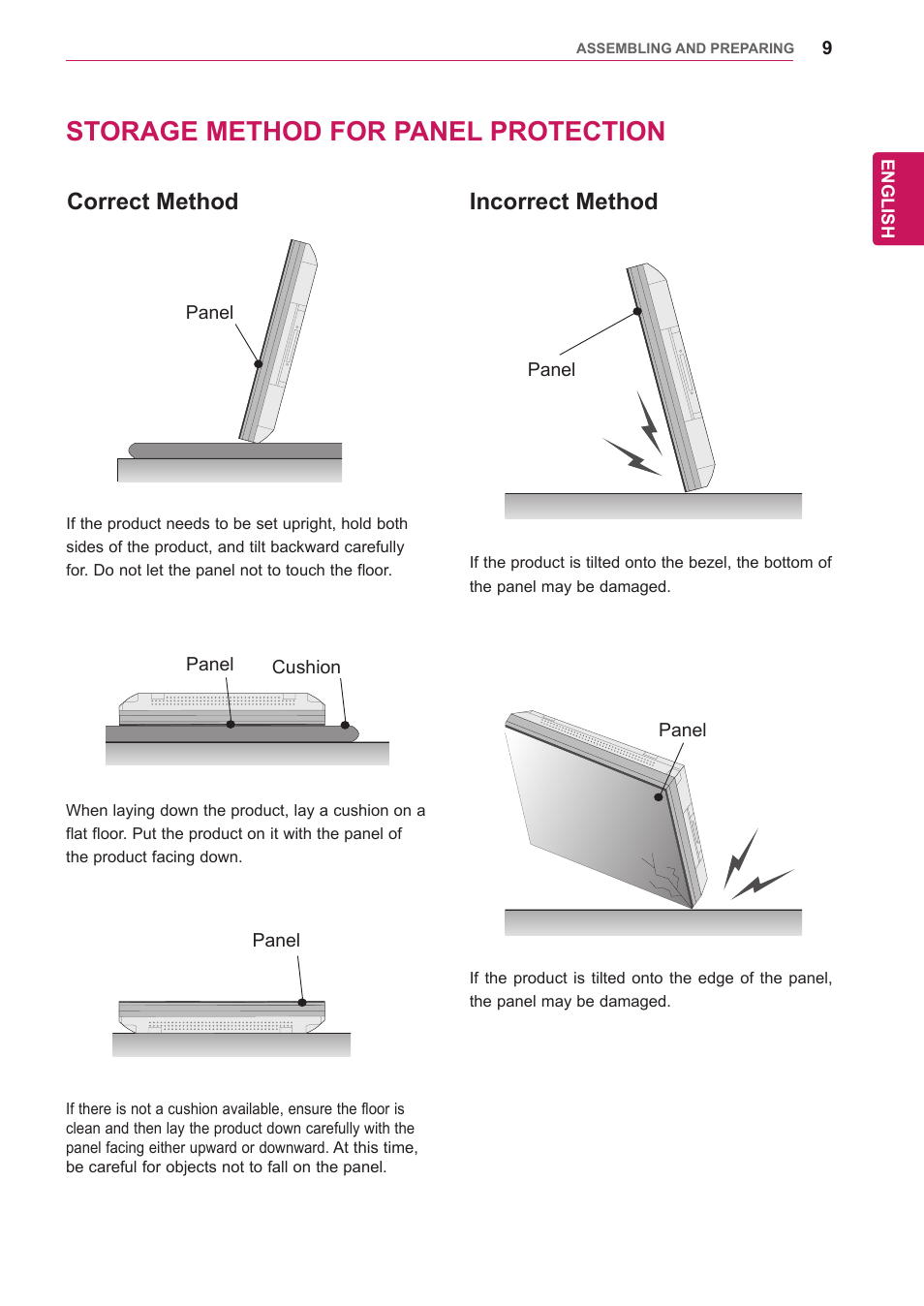 Storage method for panel protection, Correct method, Incorrect method | Correct method incorrect method | LG 47WV30-BAAM User Manual | Page 9 / 80