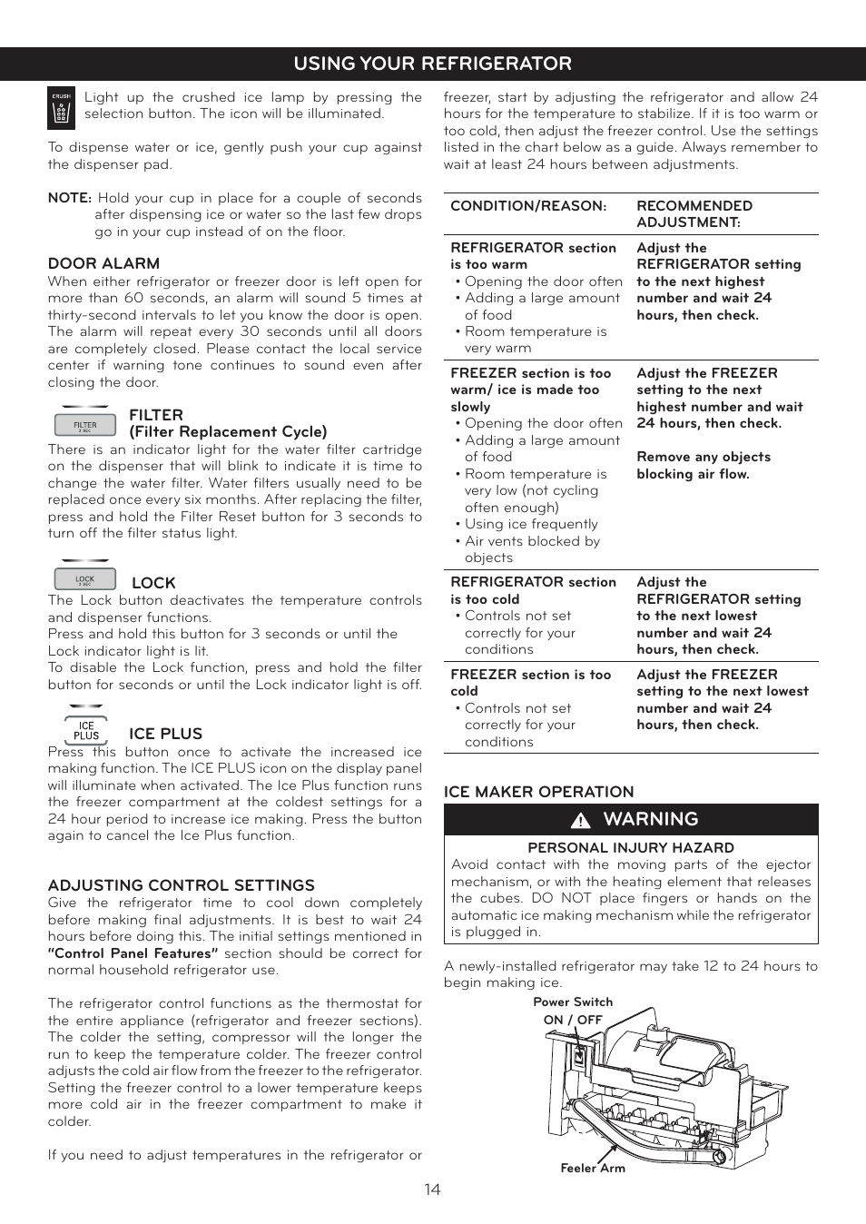 Using your refrigerator, Warning | LG Side By Side Refrigerator LSC27925** User Manual | Page 14 / 27