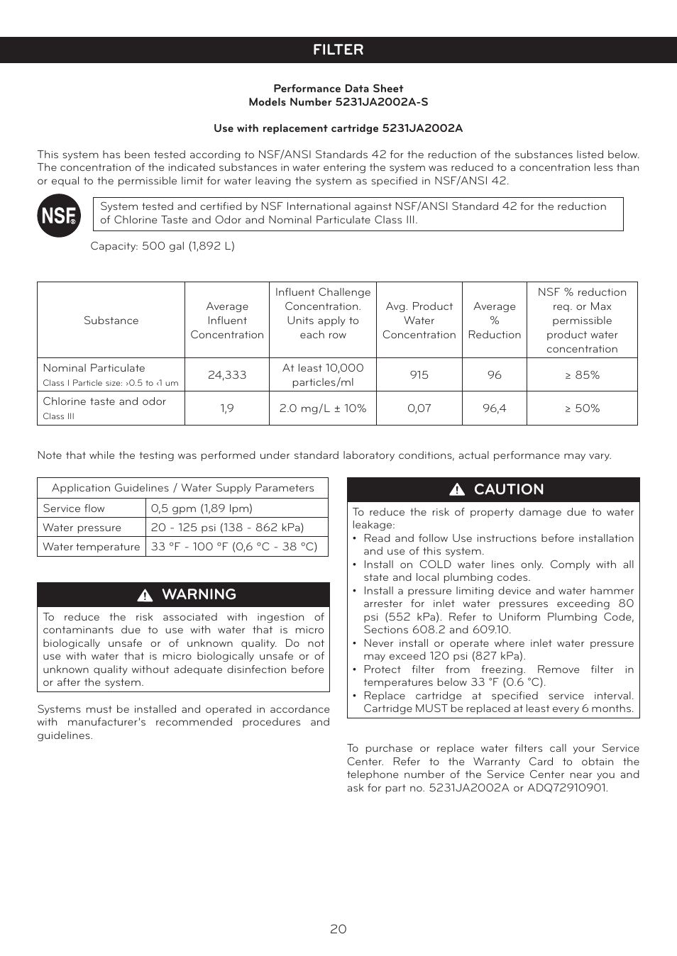 Warning, Caution, Filter | LG Side By Side Refrigerator LSC27925** User Manual | Page 20 / 27