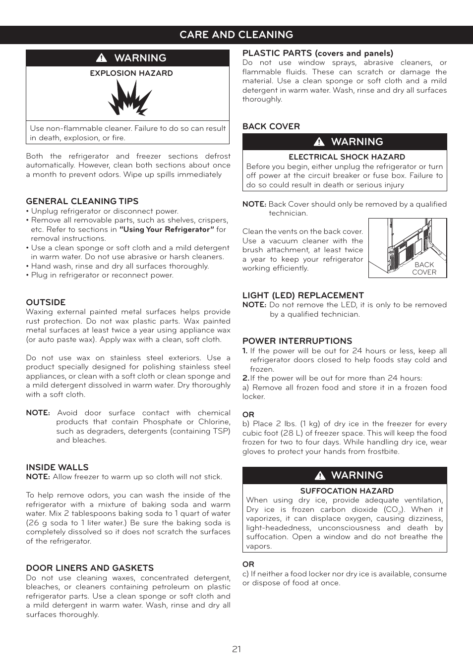 Filter care and cleaning warning, Warning | LG Side By Side Refrigerator LSC27925** User Manual | Page 21 / 27