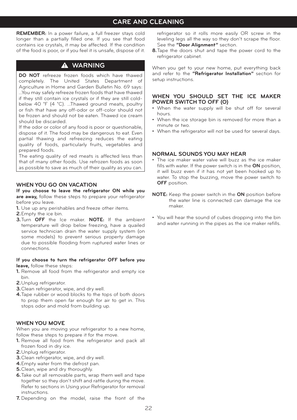 Care and cleaning, Warning | LG Side By Side Refrigerator LSC27925** User Manual | Page 22 / 27