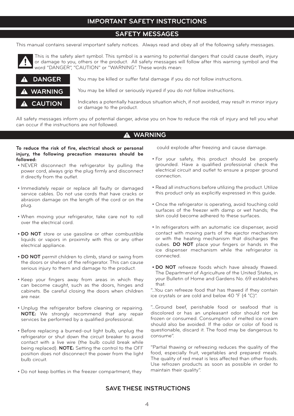 Save these instructions | LG Side By Side Refrigerator LSC27925** User Manual | Page 4 / 27