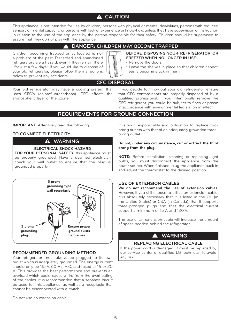 Important safety instructions, Warning, Caution danger | Cfc disposal requirements for ground connection | LG Side By Side Refrigerator LSC27925** User Manual | Page 5 / 27