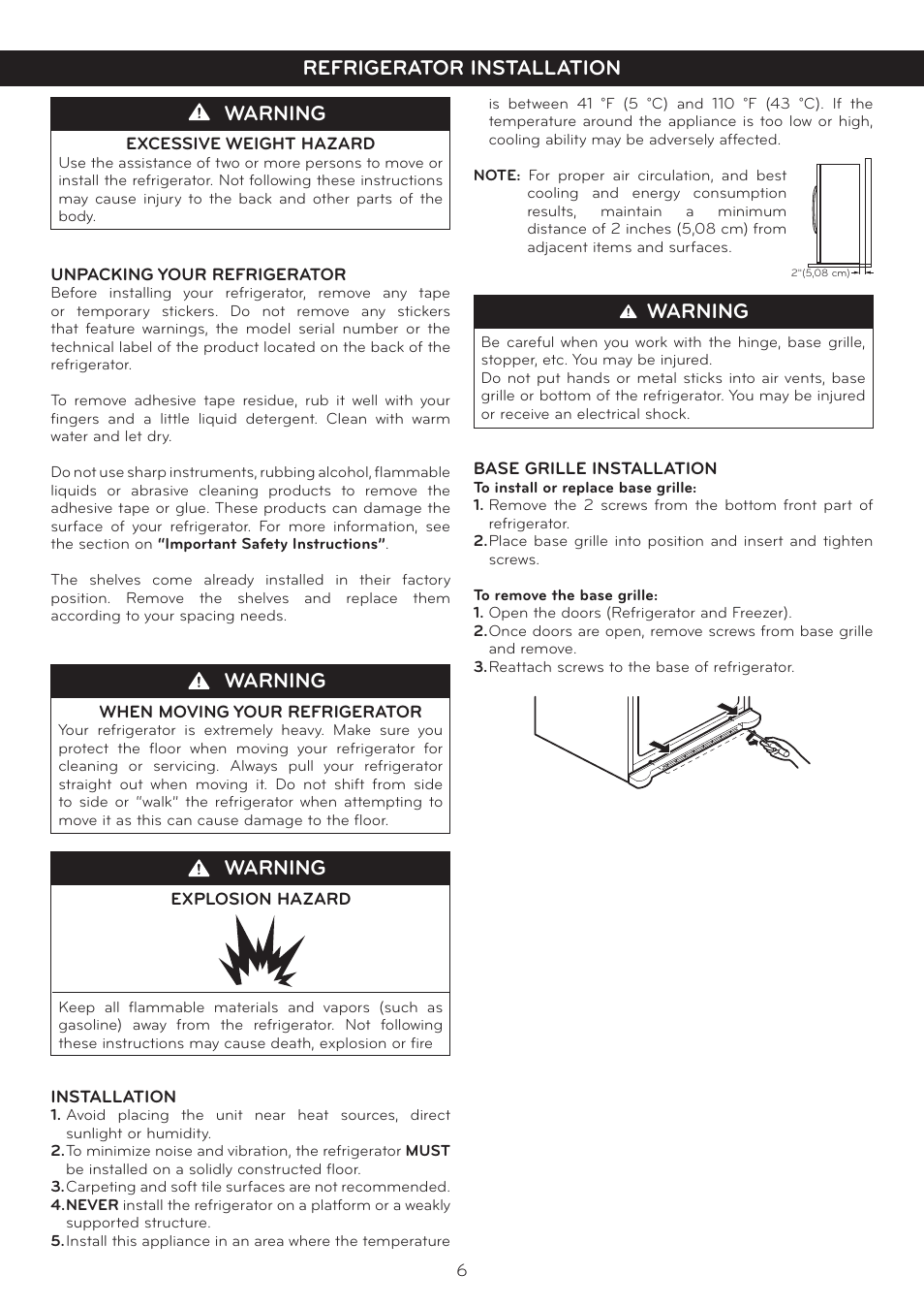 Refrigerator installation warning, Warning | LG Side By Side Refrigerator LSC27925** User Manual | Page 6 / 27