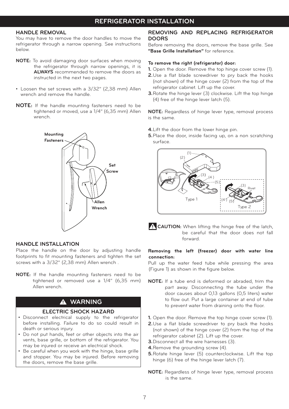 Warning, Refrigerator installation | LG Side By Side Refrigerator LSC27925** User Manual | Page 7 / 27