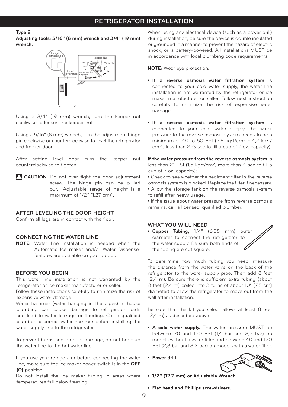 Refrigerator installation | LG Side By Side Refrigerator LSC27925** User Manual | Page 9 / 27