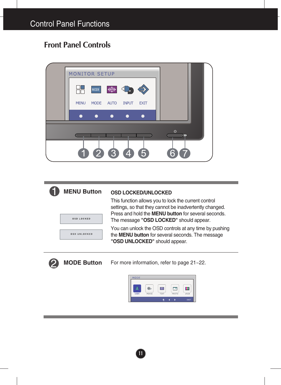 Control panel functions, Front panel controls, Control panel functions front panel controls | LG lcd monitor ips231p User Manual | Page 12 / 31