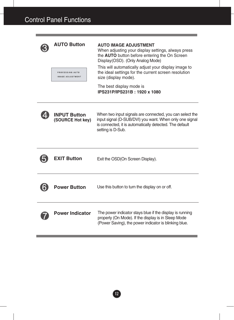 Control panel functions | LG lcd monitor ips231p User Manual | Page 13 / 31