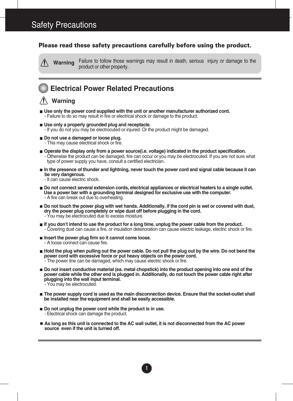 Safety precautions, Electrical power related precautions | LG lcd monitor ips231p User Manual | Page 2 / 31