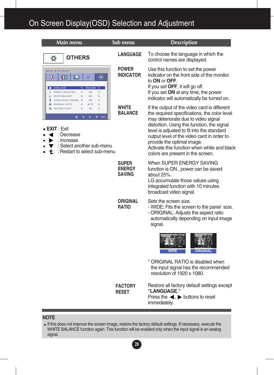 Others, On screen display(osd) selection and adjustment | LG lcd monitor ips231p User Manual | Page 21 / 31