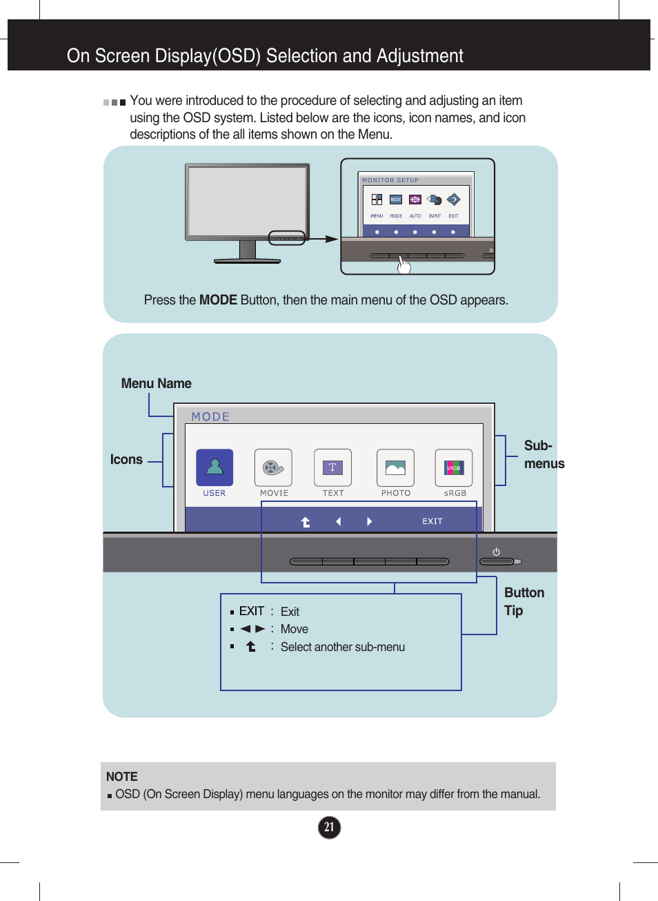 On screen display(osd) selection and adjustment | LG lcd monitor ips231p User Manual | Page 22 / 31