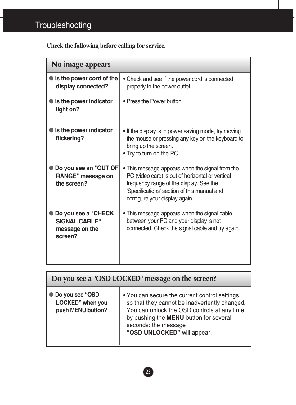 Troubleshooting, No image appears, Do you see a "osd locked" message on the screen | LG lcd monitor ips231p User Manual | Page 24 / 31