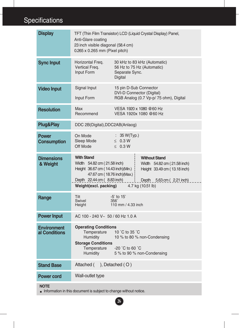 Specifications | LG lcd monitor ips231p User Manual | Page 27 / 31