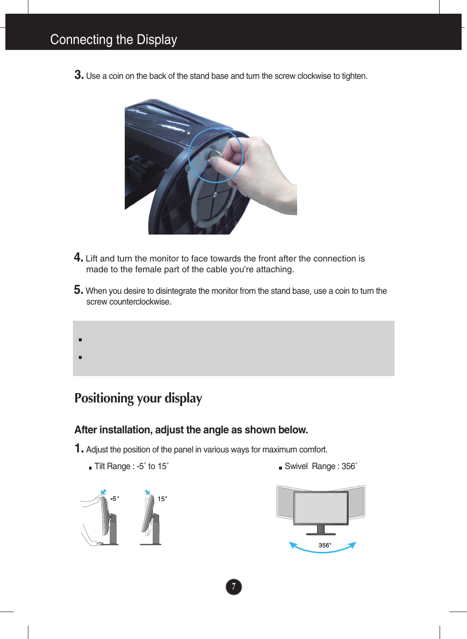 Positioning your display, Connecting the display | LG lcd monitor ips231p User Manual | Page 8 / 31