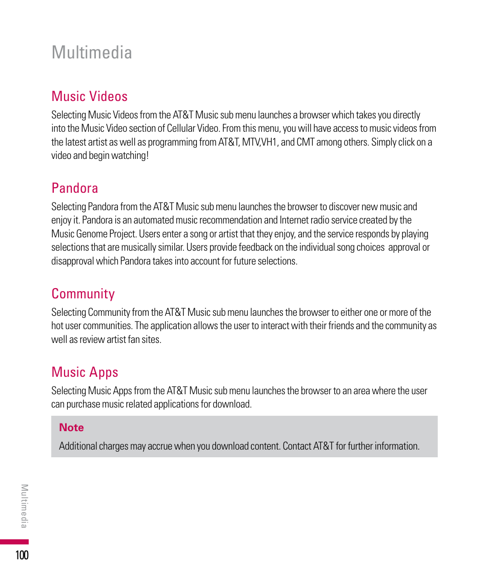 Multimedia, Music videos, Pandora | Community, Music apps | LG PDA User Manual | Page 100 / 195