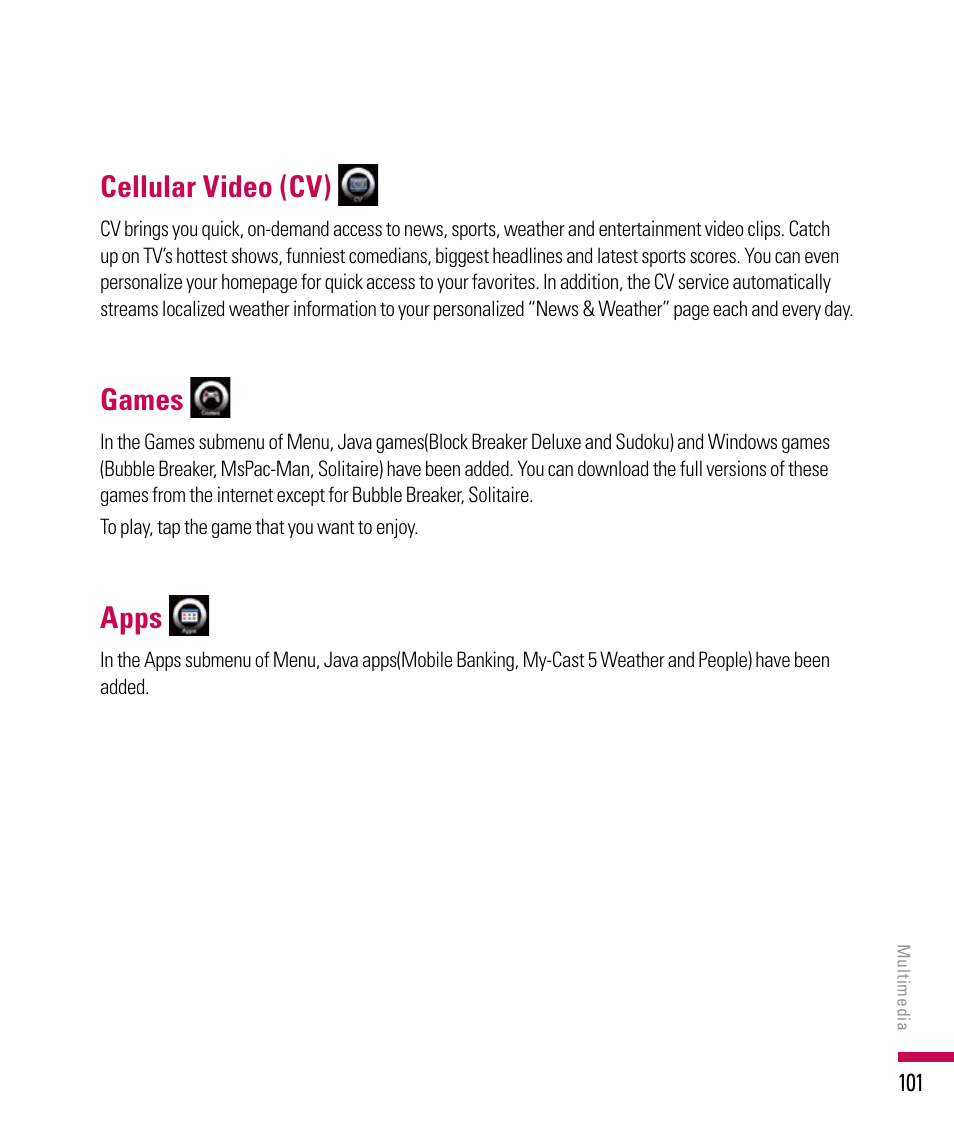 Cellular video (cv), Games, Apps | LG PDA User Manual | Page 101 / 195