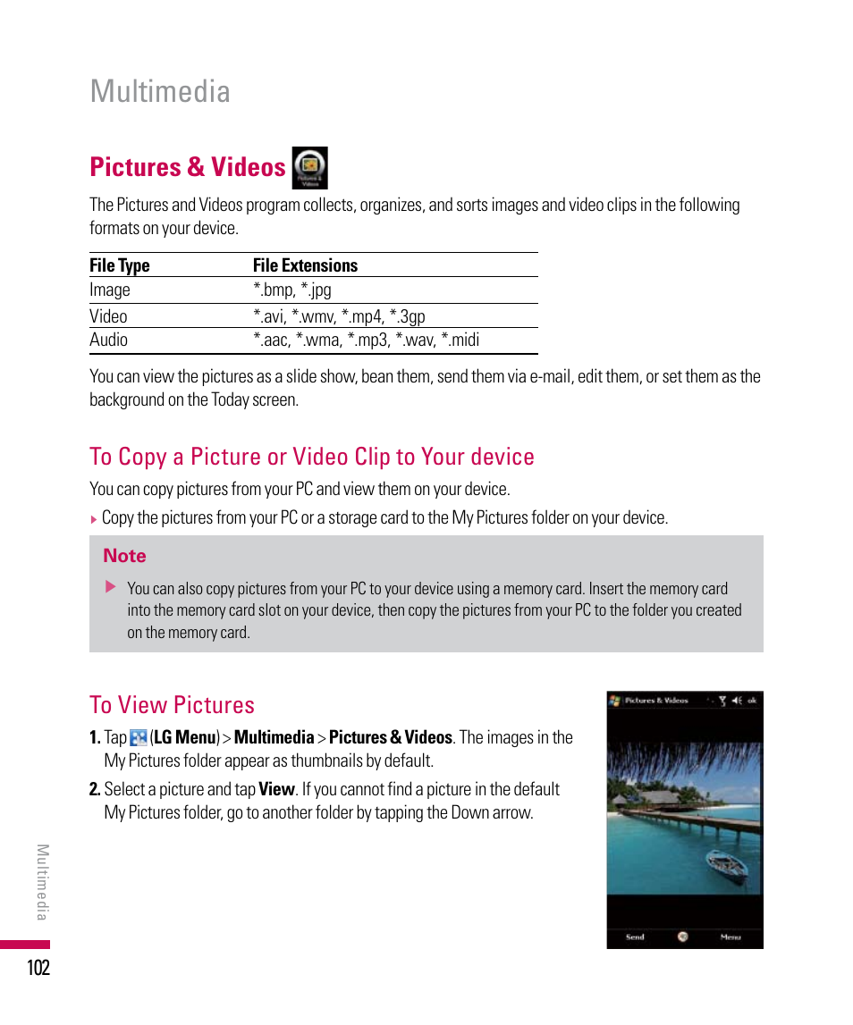 Multimedia, Pictures & videos | LG PDA User Manual | Page 102 / 195