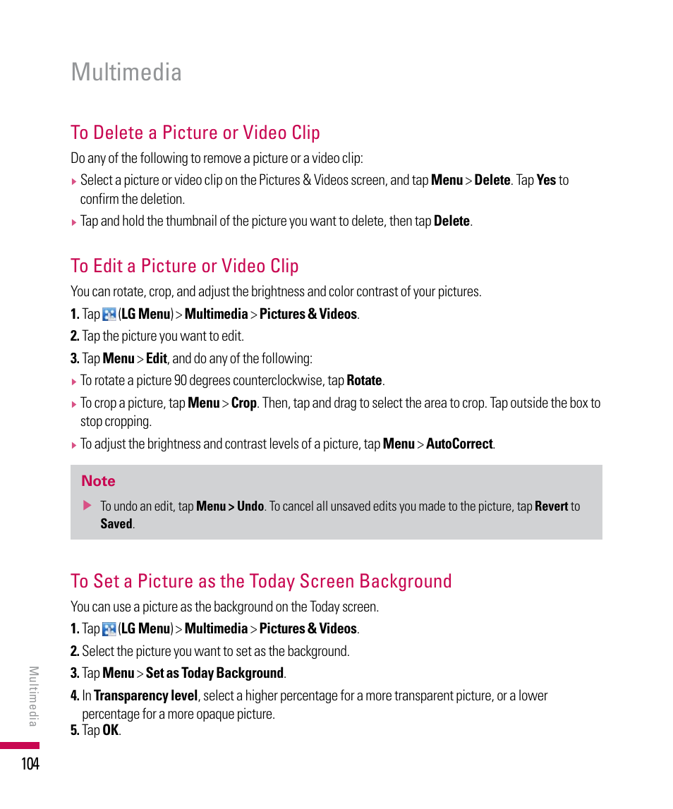 Multimedia | LG PDA User Manual | Page 104 / 195