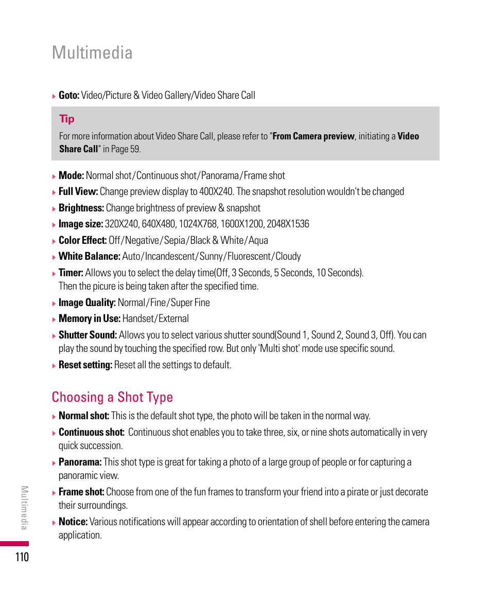 Multimedia, Choosing a shot type | LG PDA User Manual | Page 110 / 195