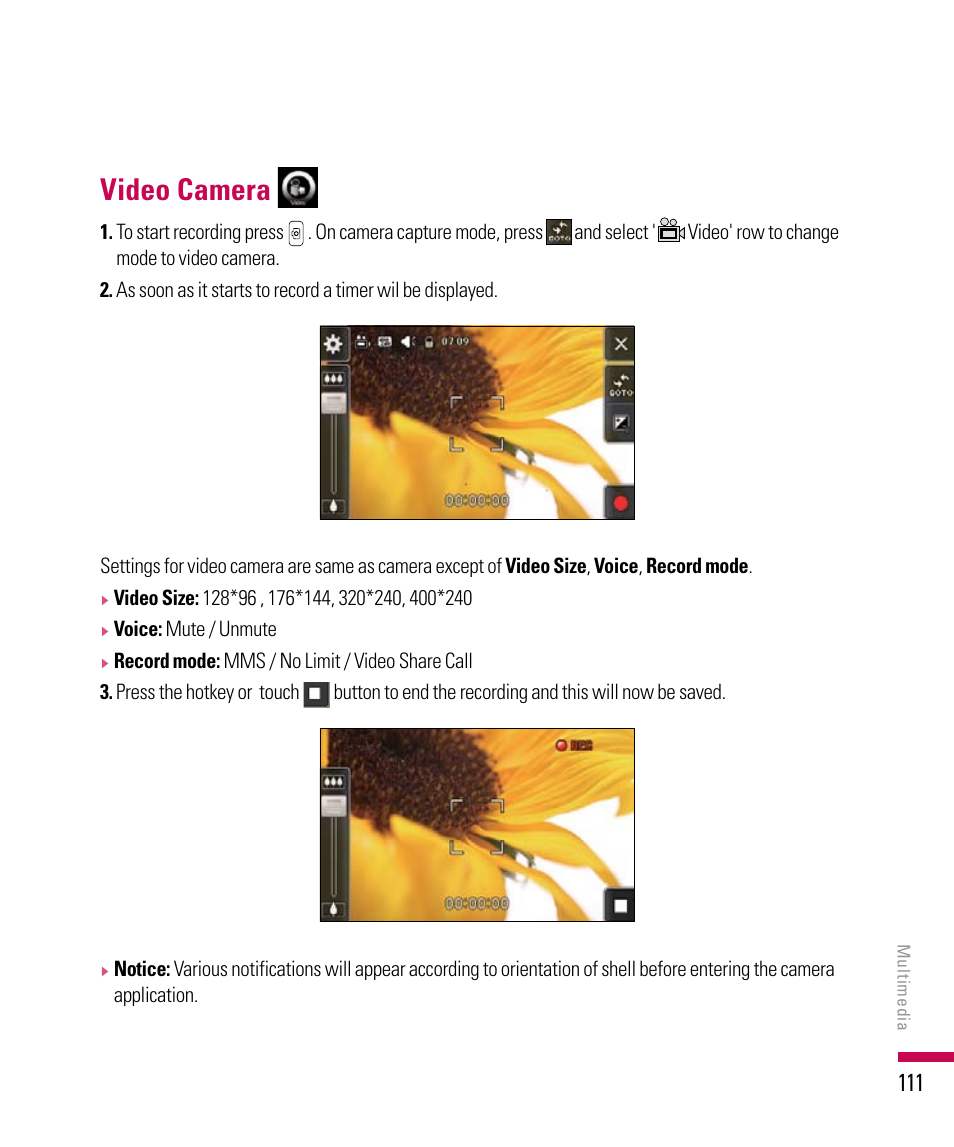 Video camera, Voice: mute / unmute | LG PDA User Manual | Page 111 / 195