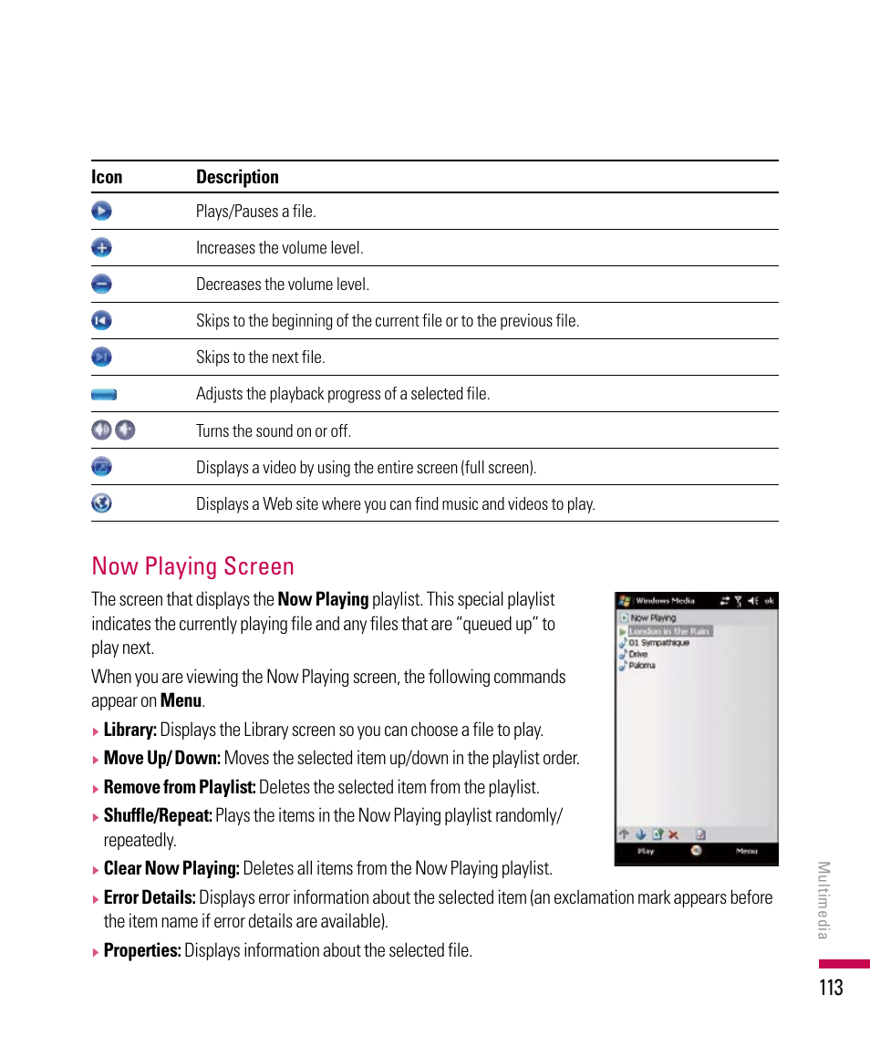 Now playing screen | LG PDA User Manual | Page 113 / 195