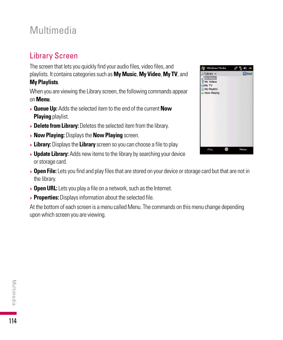 Multimedia, Library screen | LG PDA User Manual | Page 114 / 195