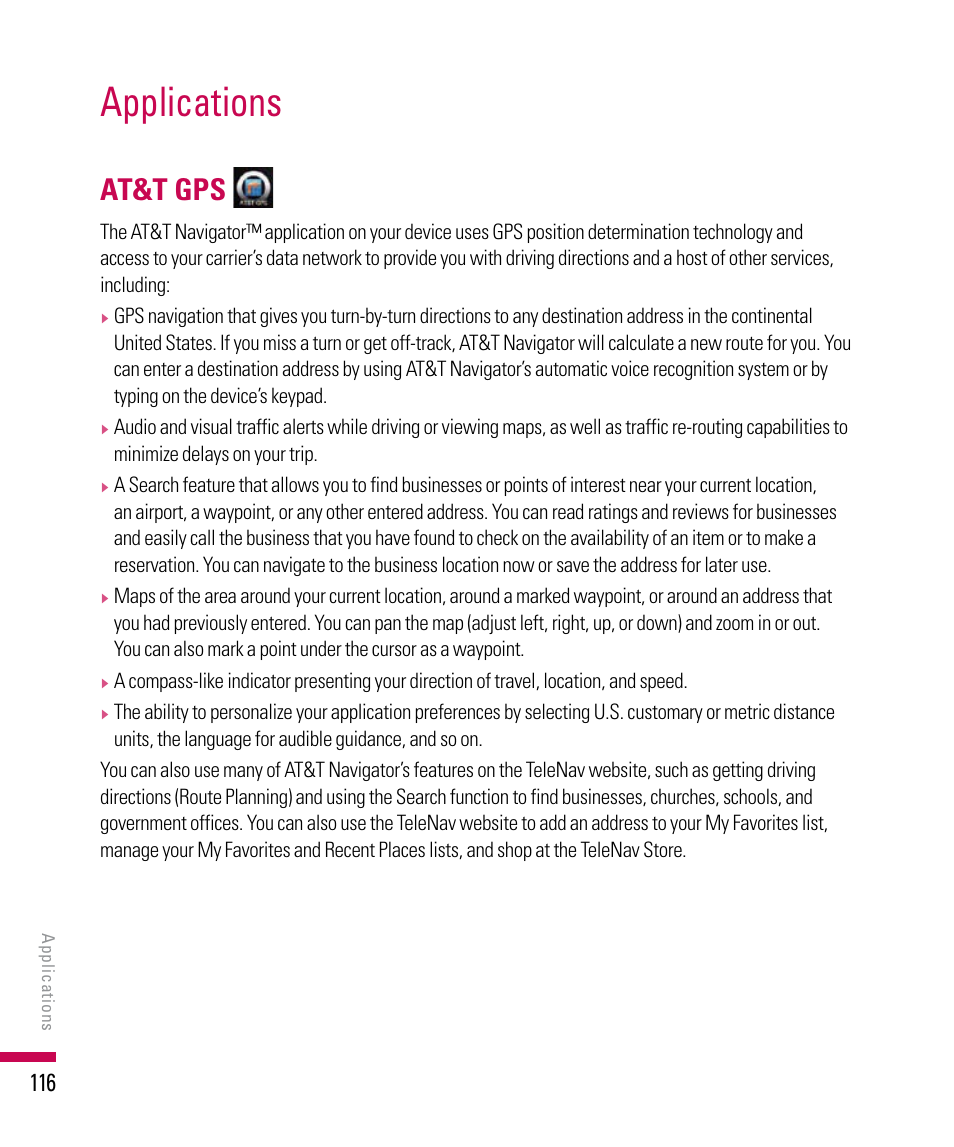 Applications, At&t gps | LG PDA User Manual | Page 116 / 195