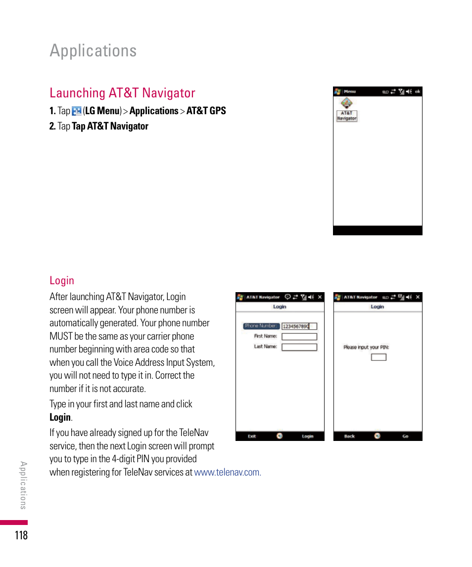 Applications, Launching at&t navigator | LG PDA User Manual | Page 118 / 195