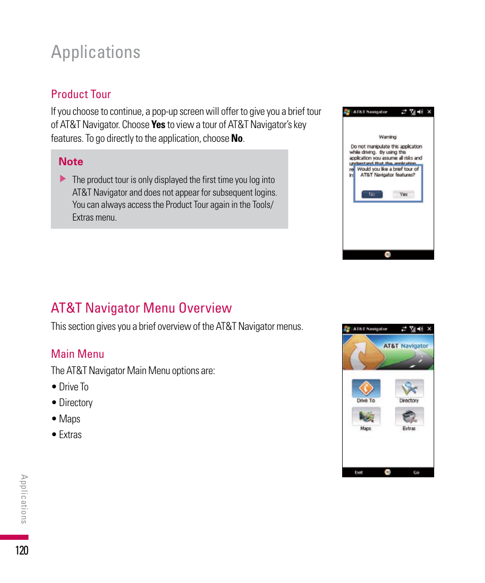 Applications, At&t navigator menu overview | LG PDA User Manual | Page 120 / 195