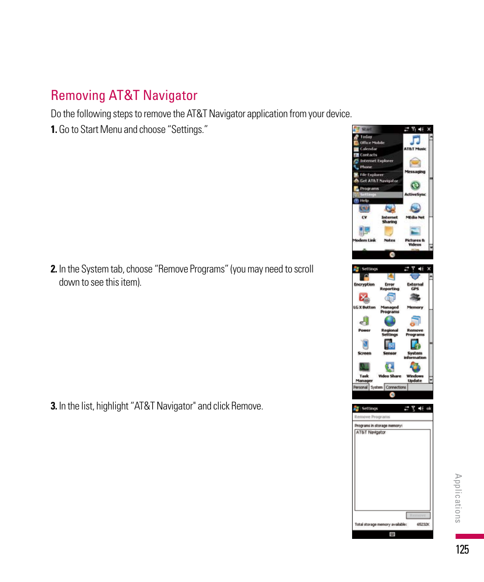 Removing at&t navigator | LG PDA User Manual | Page 125 / 195