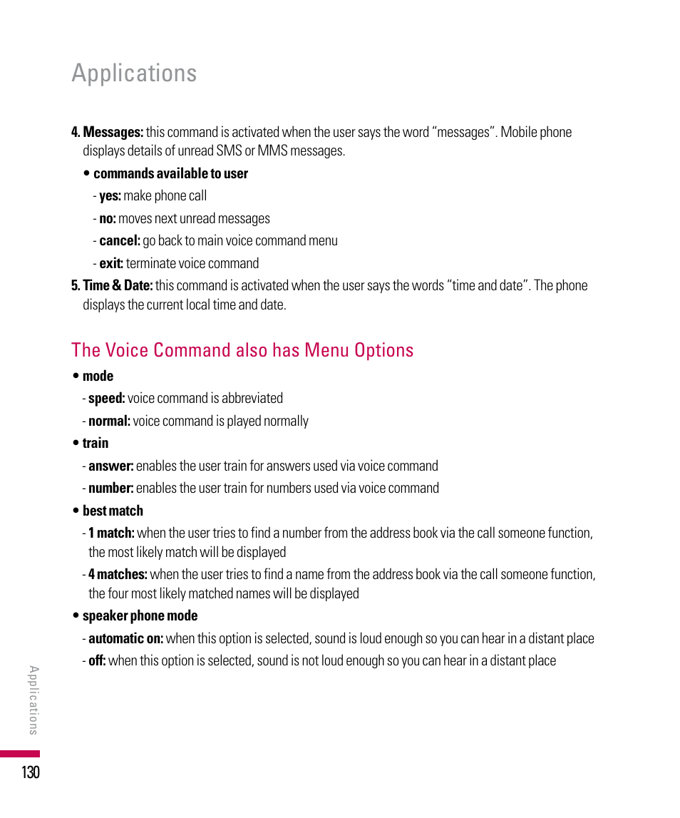 Applications, The voice command also has menu options | LG PDA User Manual | Page 130 / 195