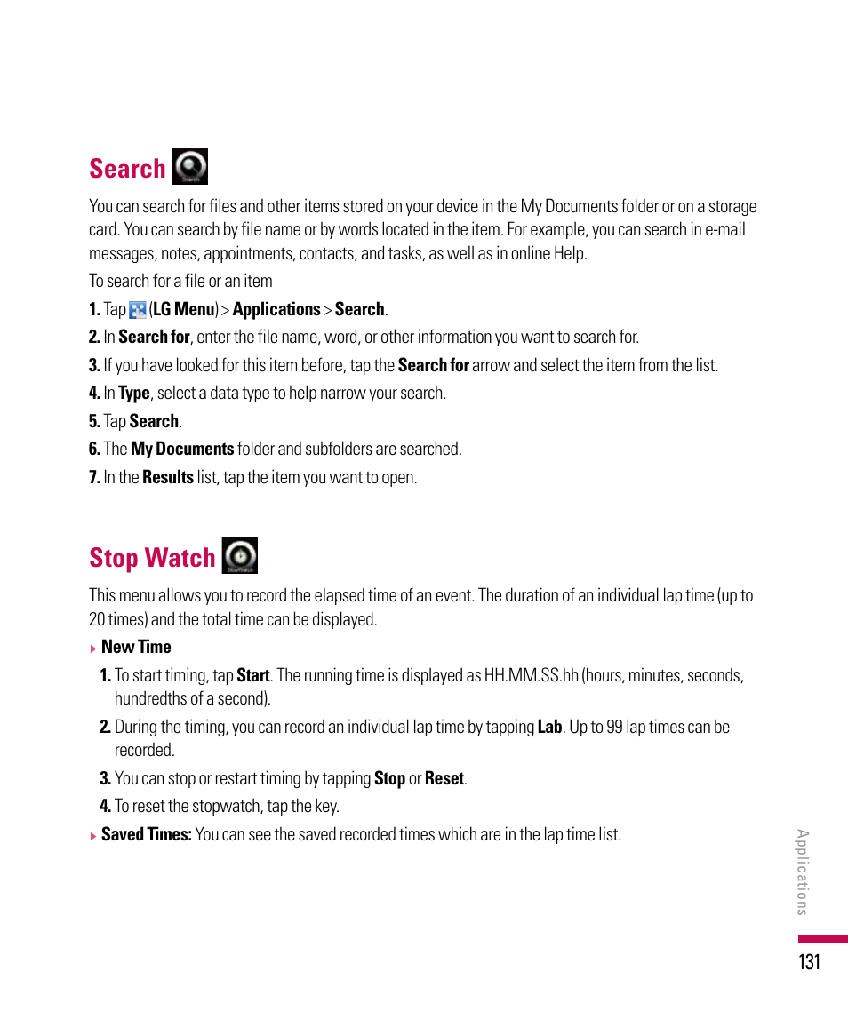 Search, Stop watch | LG PDA User Manual | Page 131 / 195